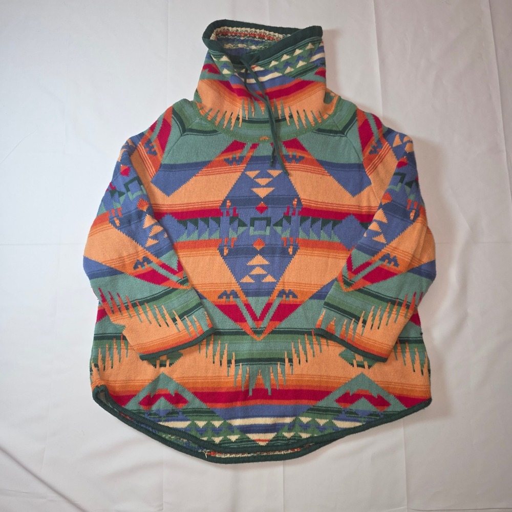 Vtg Chaps Denim Southwestern Aztec Cowl Neck Knit‎ Sweater XL Geometric tribal